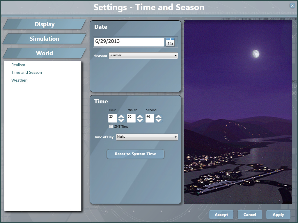 FLYIT Simulator Settings for Time and Season